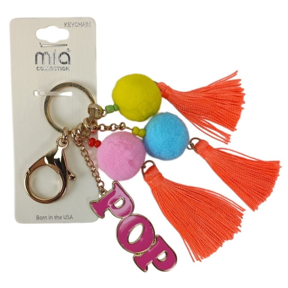 New Mia Collection Keyring Handbag Charm Faux Gold Clip Pop Pom Poms Tassels